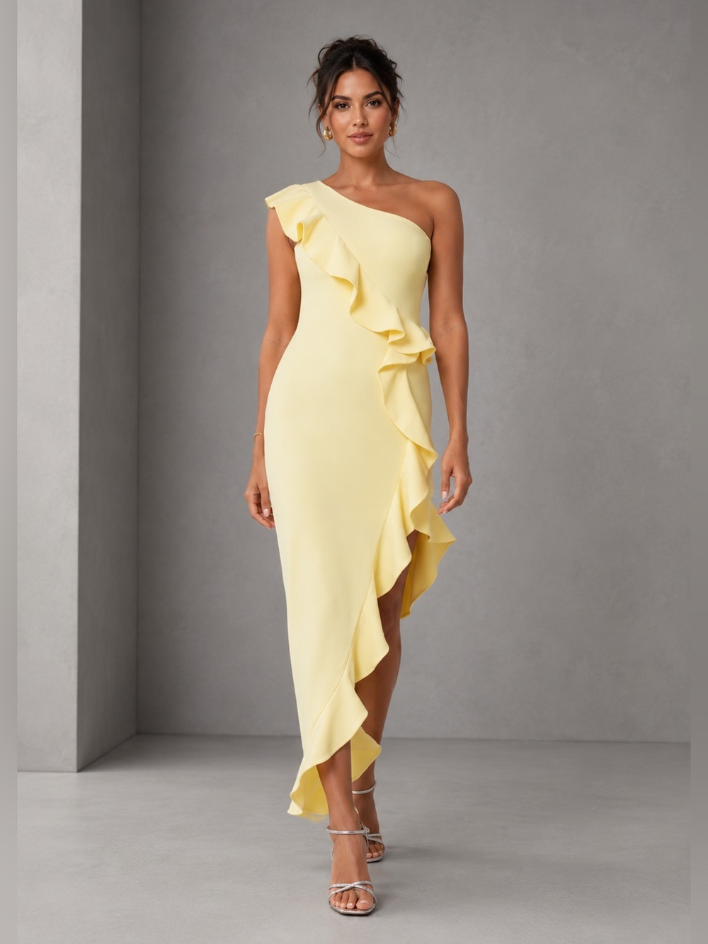 Betsy & Adam One Shoulder Ruffle Dress Size 12 B598